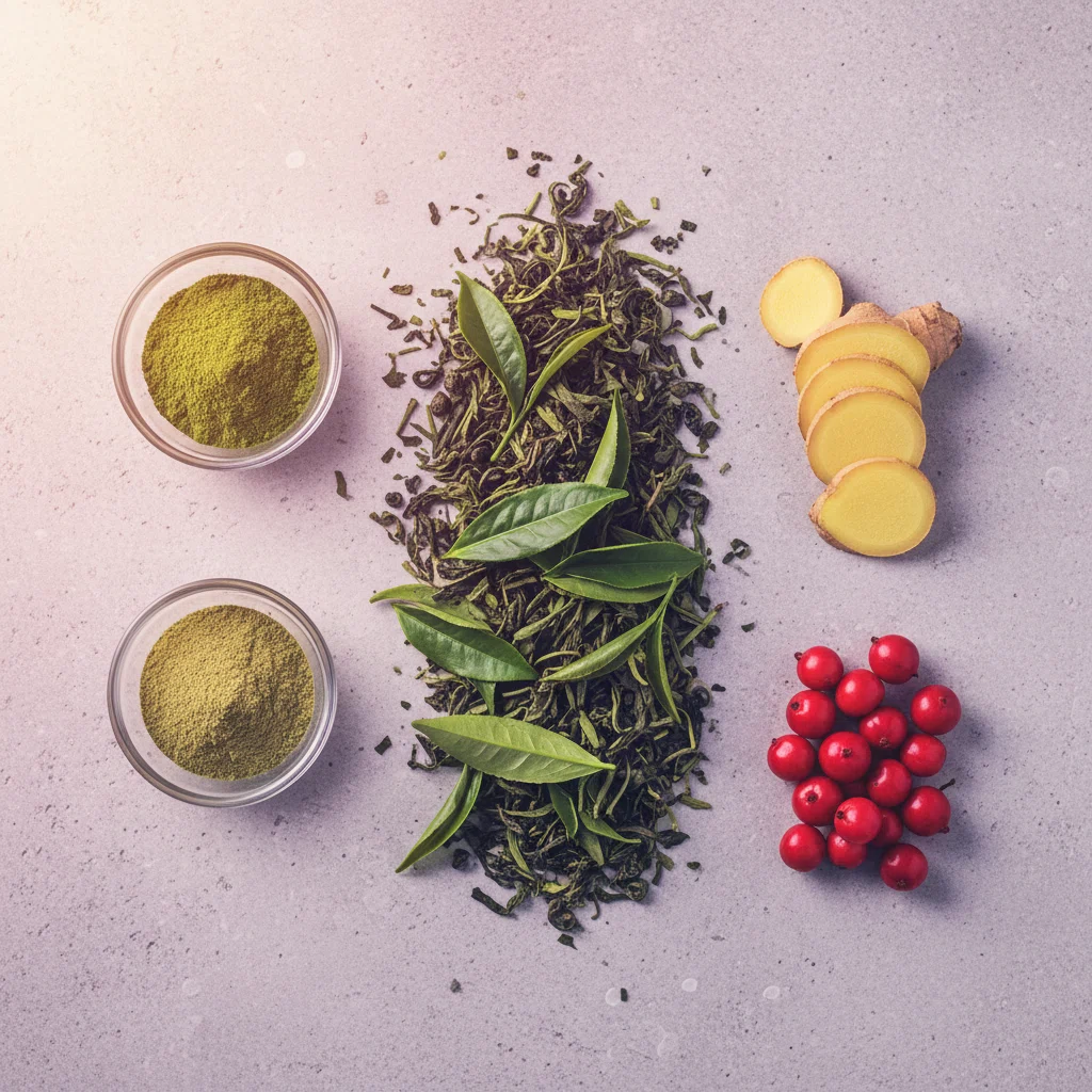 Bovenaanzicht van botanische ingrediënten: groene thee, gemberwortel, guarana-bessen - plantaardige basis van Ozalyn