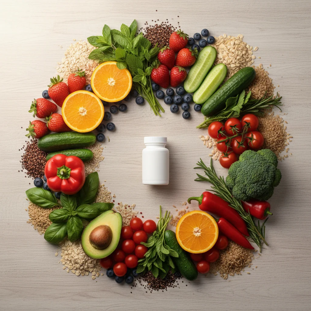 Bovenaanzicht van verse groenten, fruit en kruiden op een houten ondergrond - gezonde leefstijl
